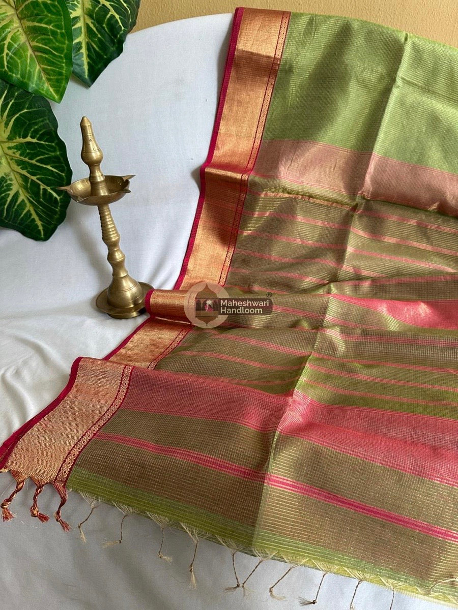 Exclusive Maheshwari Pista Green Tissue Silk Saree 045
