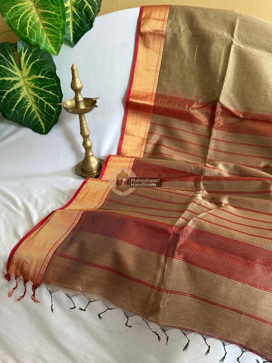 Exclusive Maheshwari Beige Tissue Silk Saree 047