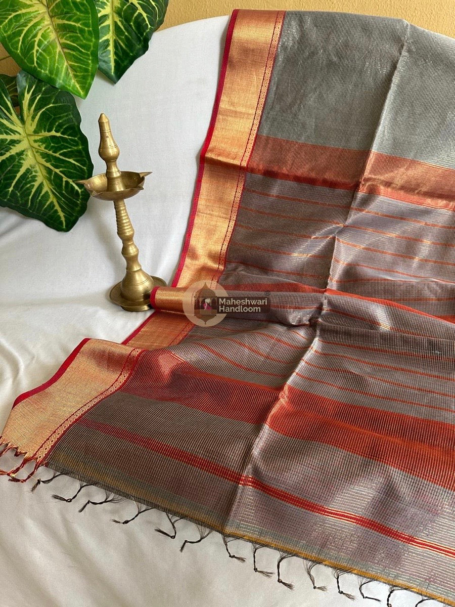 Exclusive Maheshwari Grey Tissue Silk Saree 046
