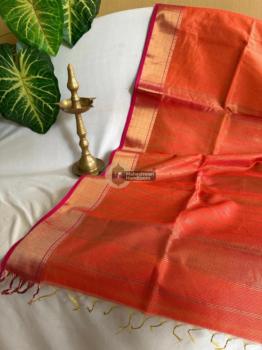 Exclusive Maheshwari Orange Tissue Silk Saree 050