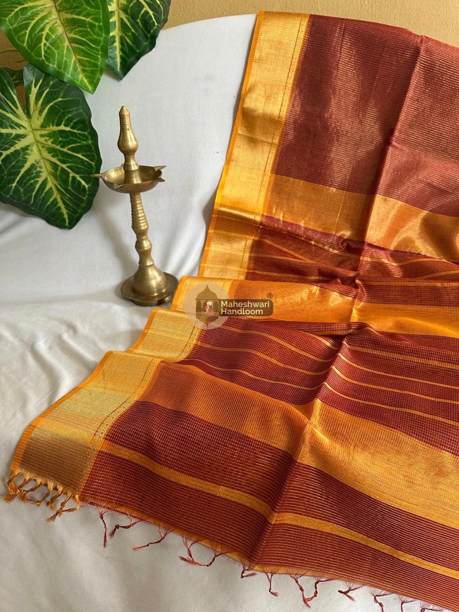 Exclusive Maheshwari Rust Tissue Silk Saree 051