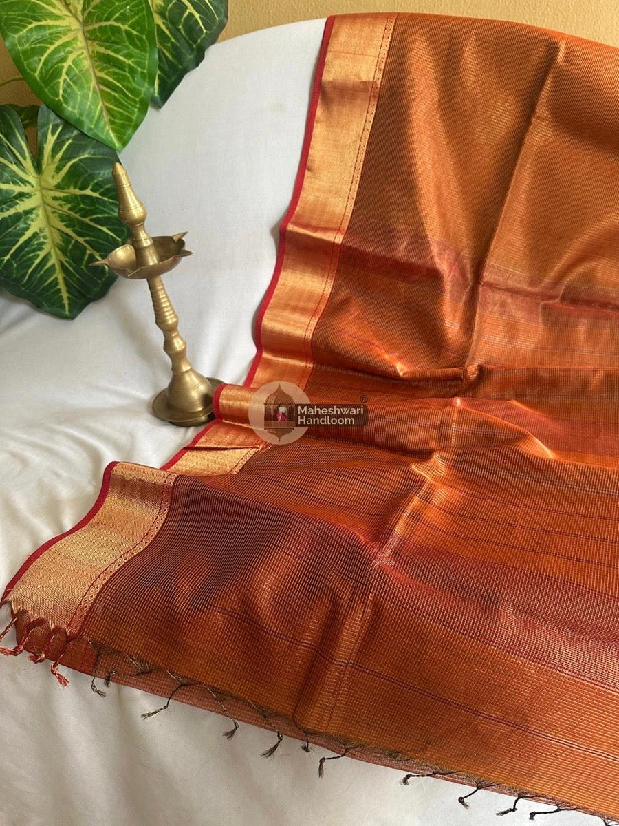 Exclusive Maheshwari Rust Tissue Silk Saree 055