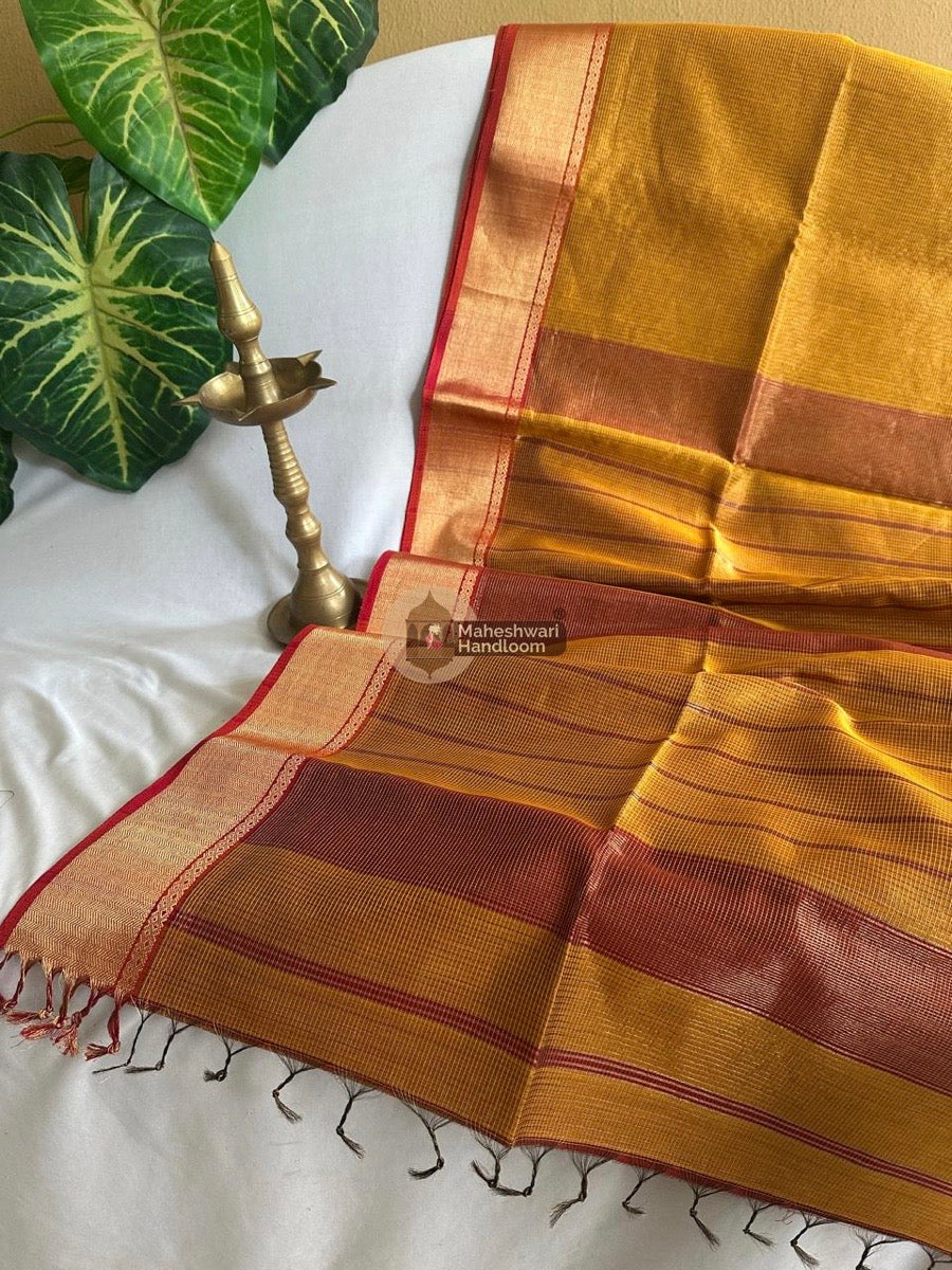 Exclusive Maheshwari Golden Yellow Tissue Silk Saree 030