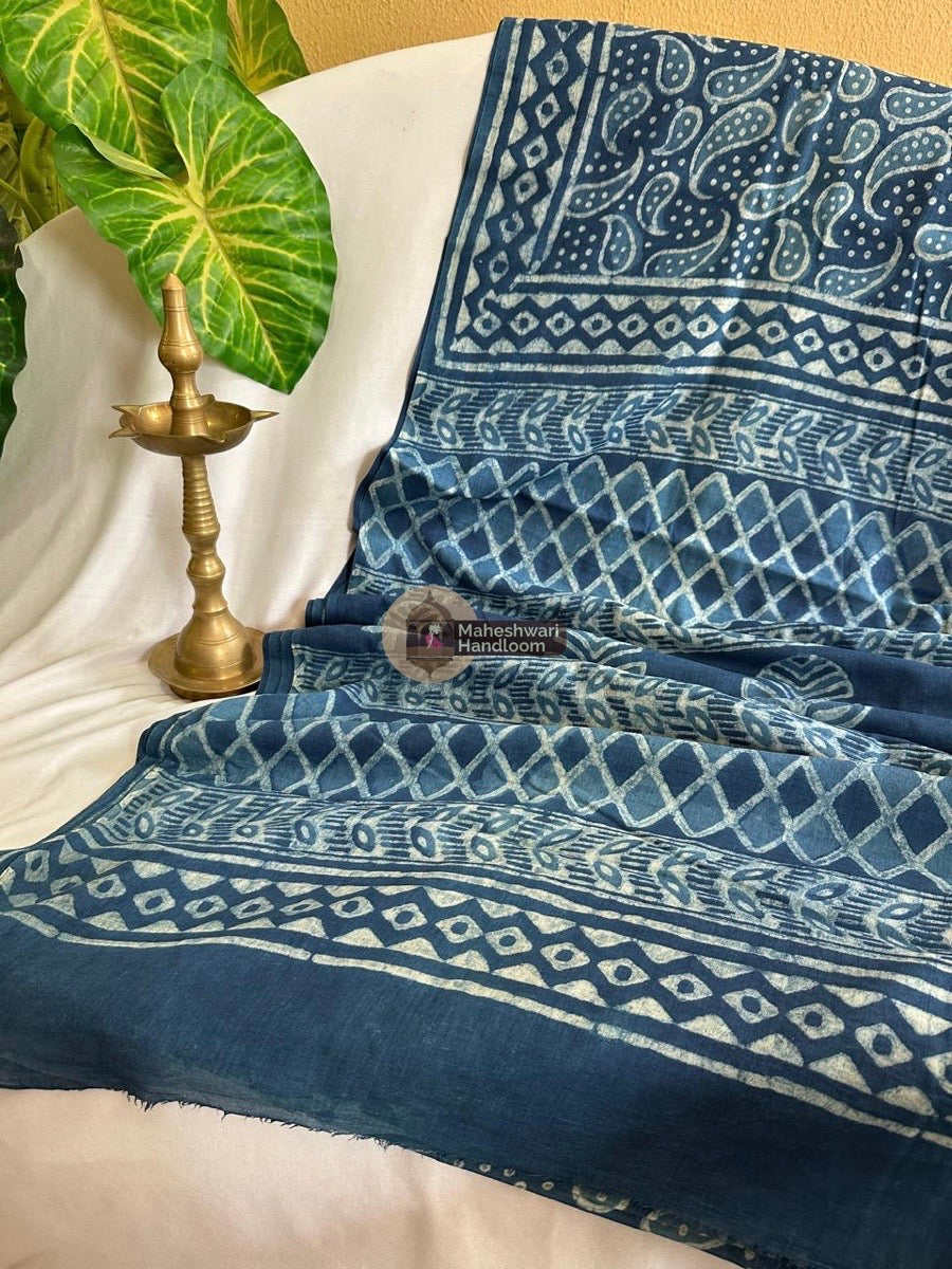 Blue Cotton Printed Saree 034