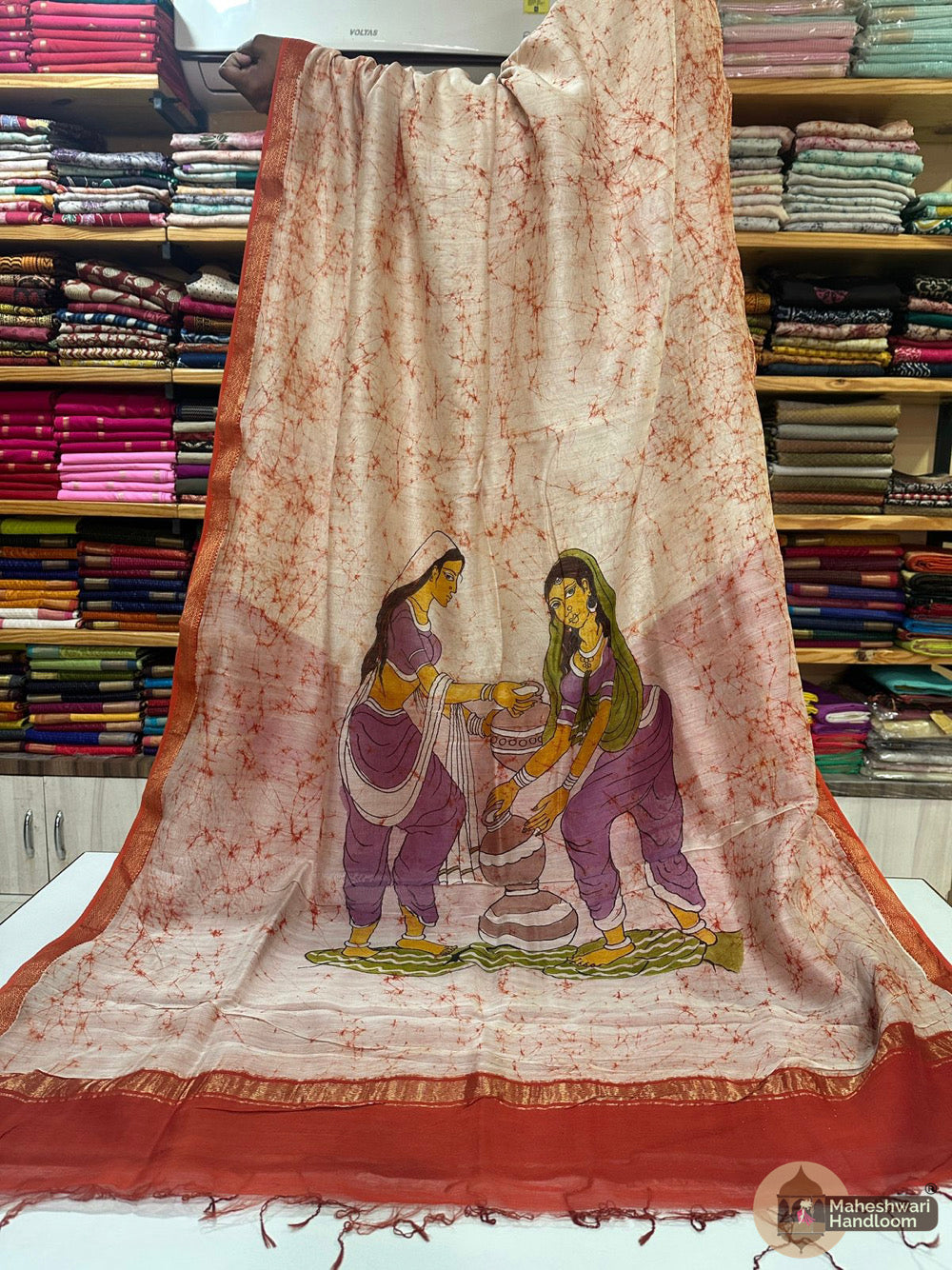 Maheshwari Batik Figure Hand Painted Silk Sarees