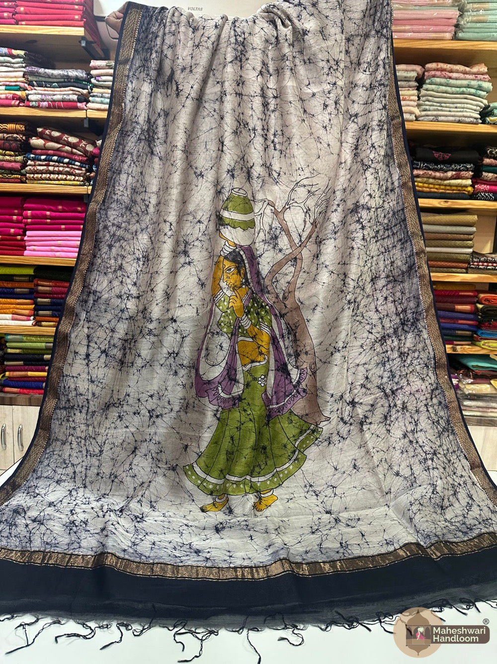Maheshwari Batik Figure Hand Painted Silk Sarees