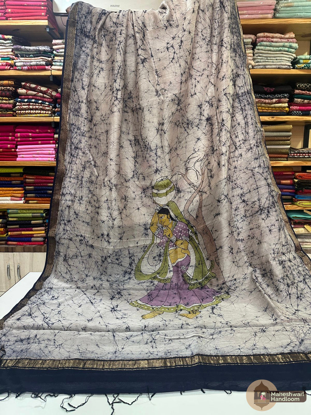 Maheshwari Batik Figure Hand Painted Silk Sarees