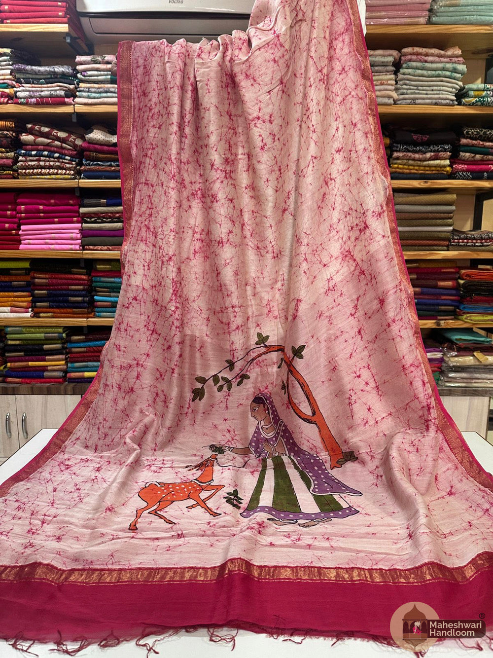 Maheshwari Batik Figure Hand Painted Silk Sarees