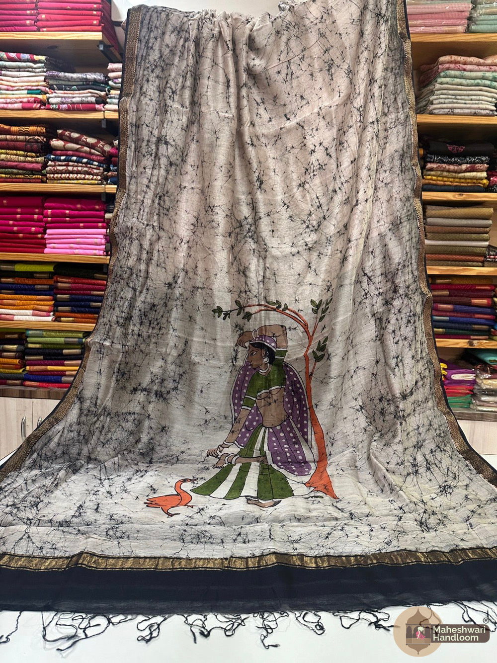 Maheshwari Batik Figure Hand Painted Silk Sarees