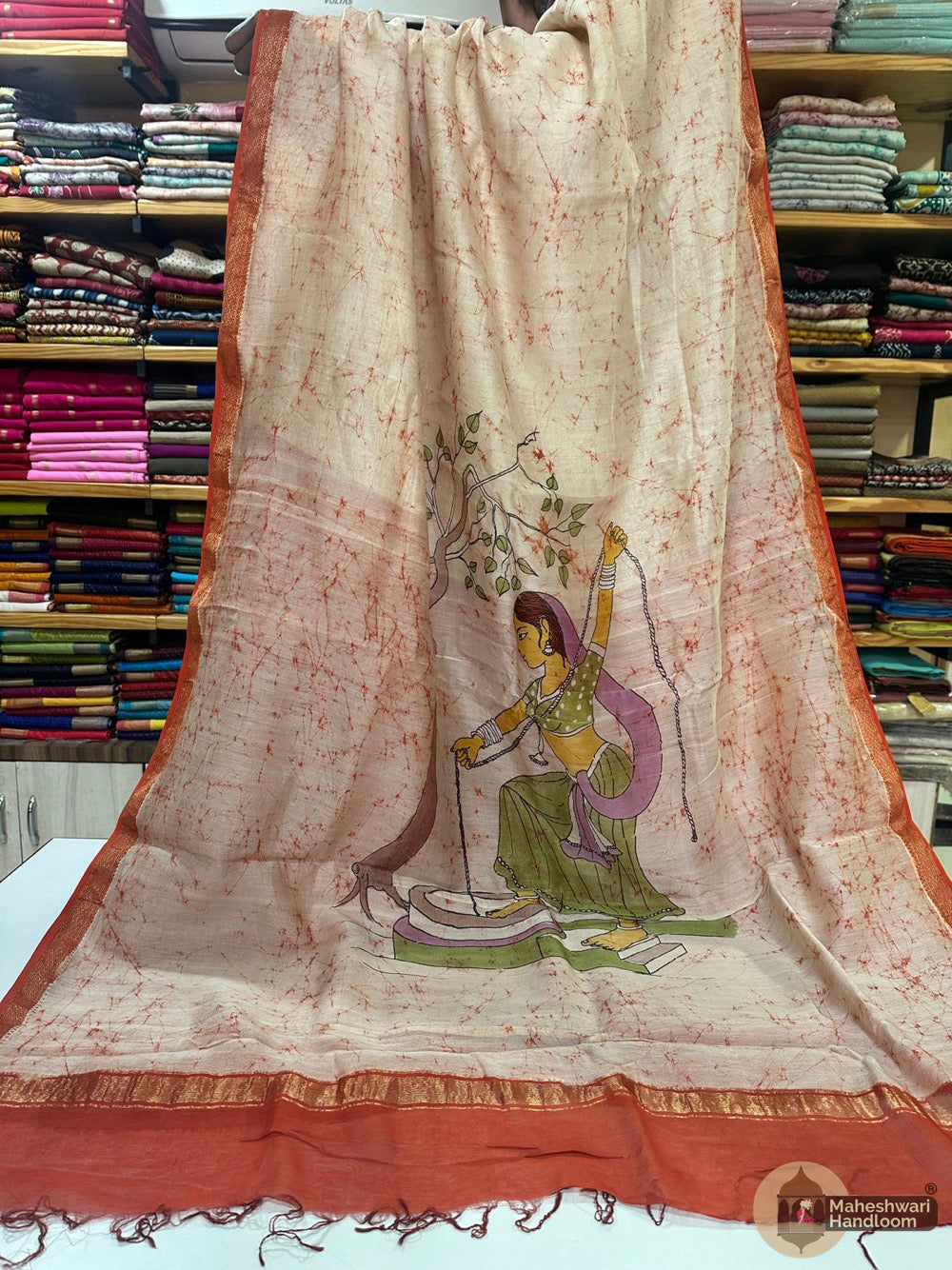 Maheshwari Batik Figure Hand Painted Silk Sarees