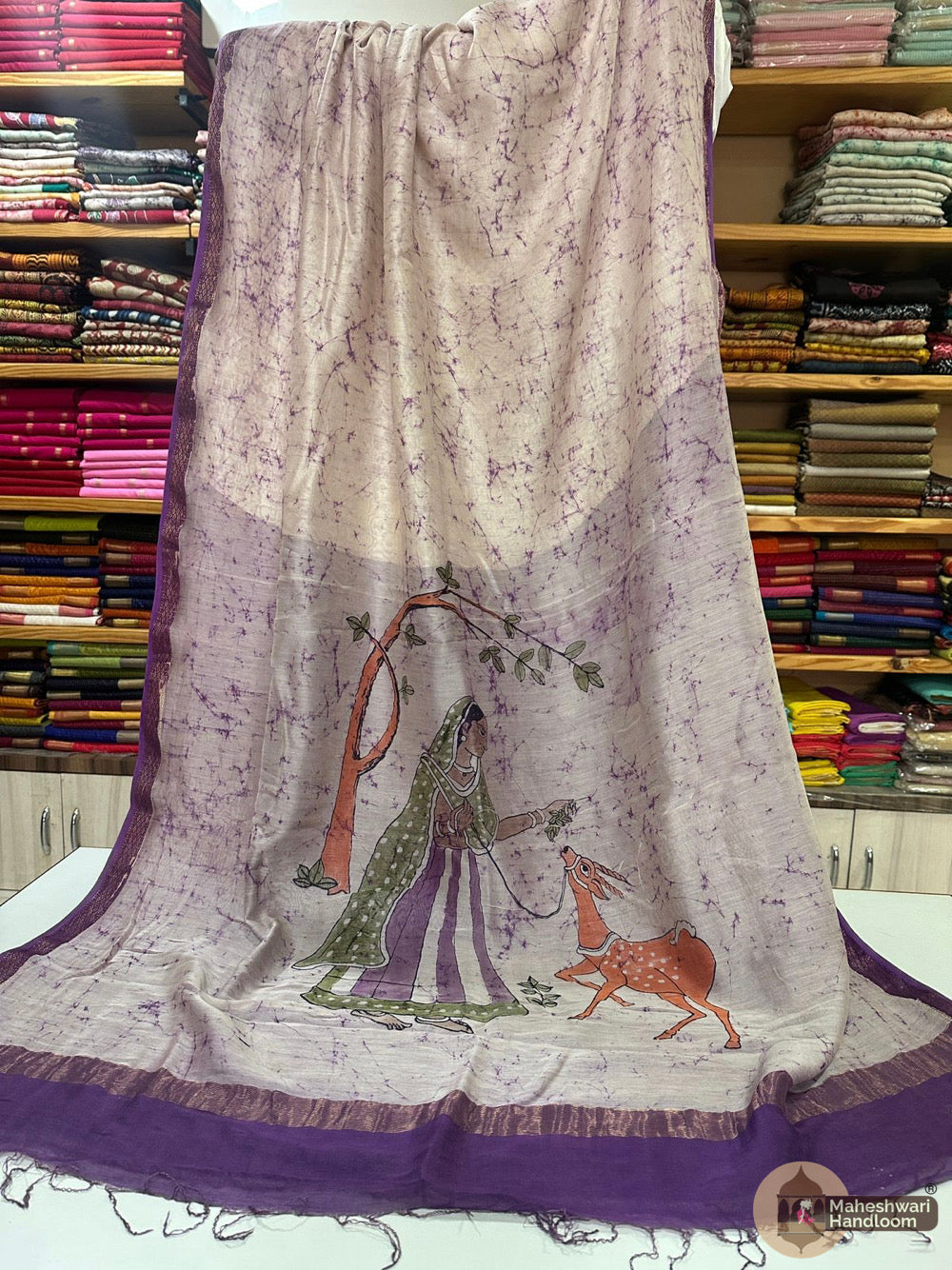 Maheshwari Batik Figure Hand Painted Silk Sarees