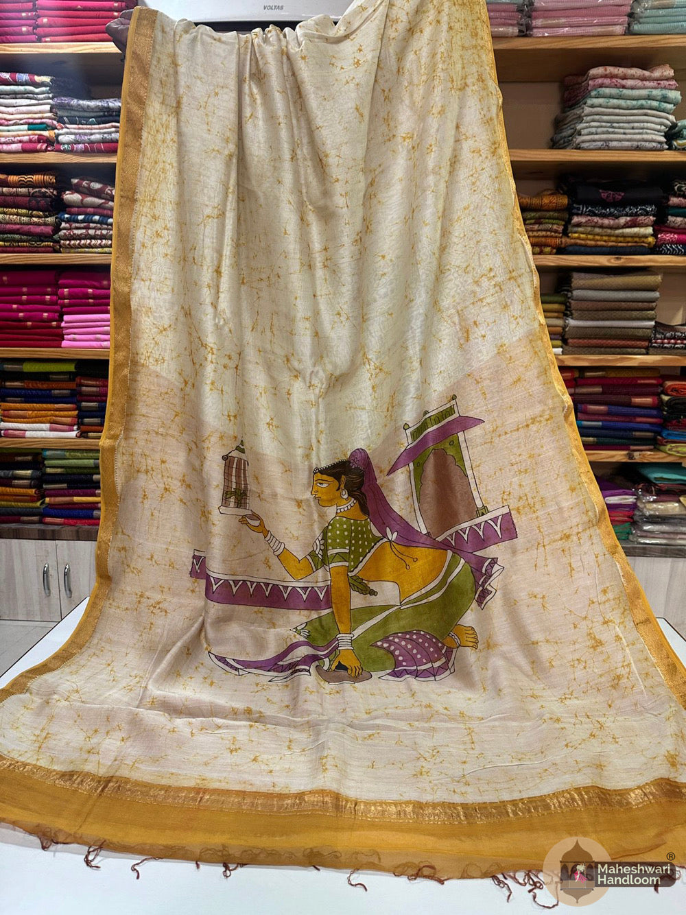 Maheshwari Batik Figure Hand Painted Silk Sarees