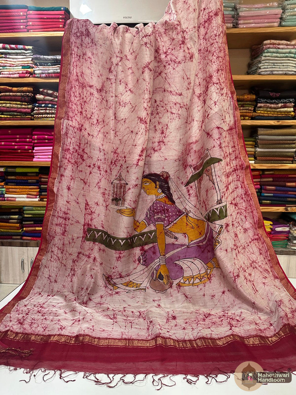 Maheshwari Batik Figure Hand Painted Silk Sarees