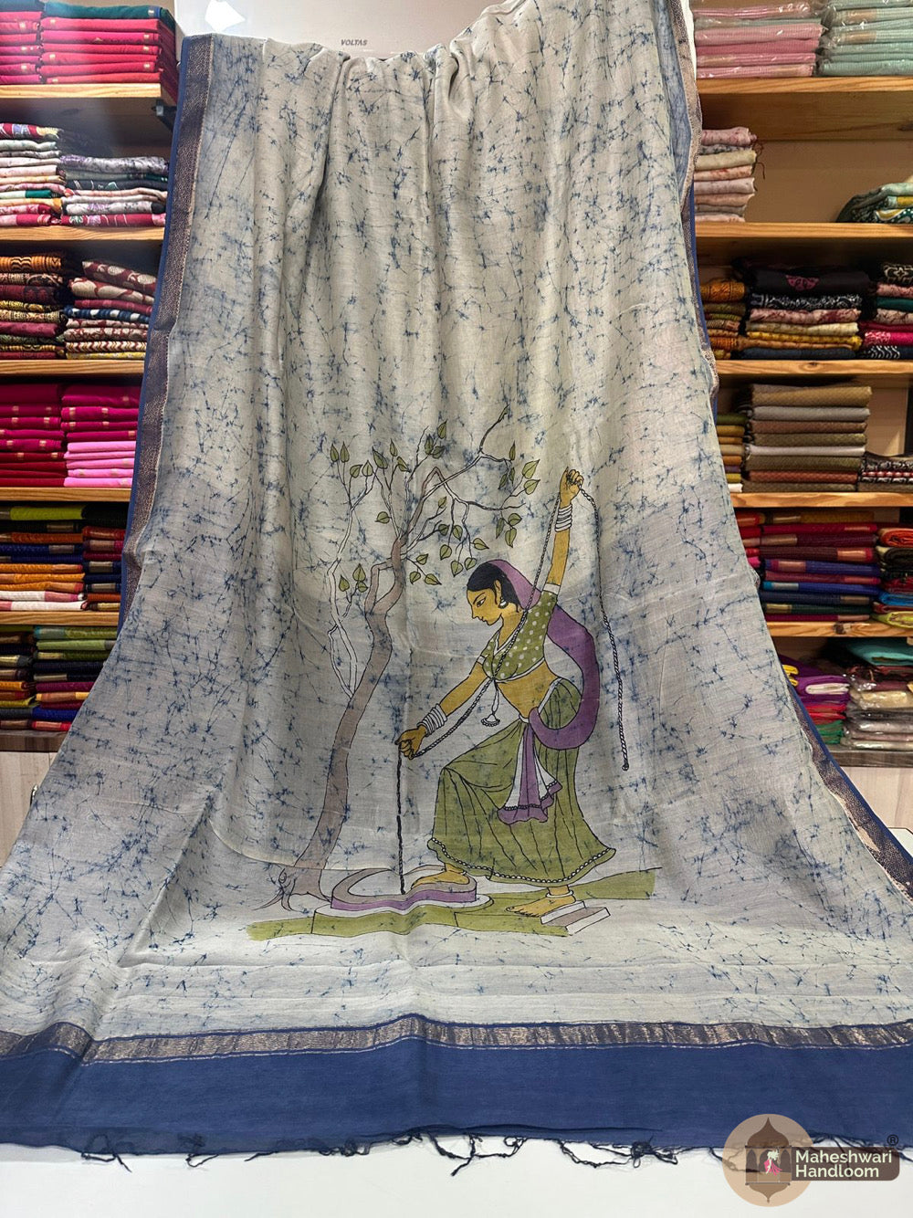 Maheshwari Batik Figure Hand Painted Silk Sarees