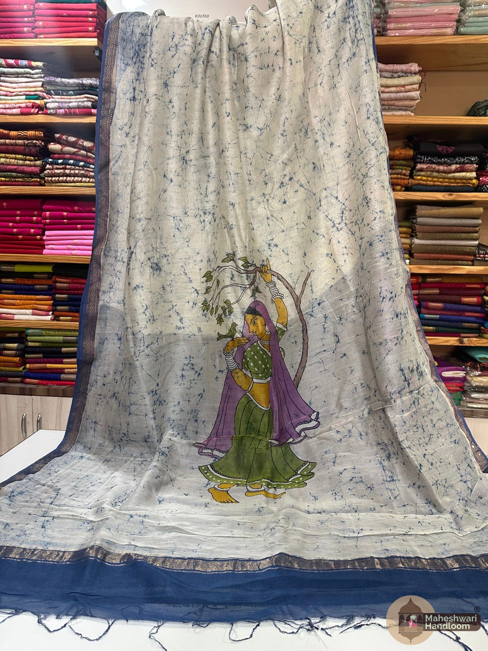 Maheshwari Batik Figure Hand Painted Silk Sarees