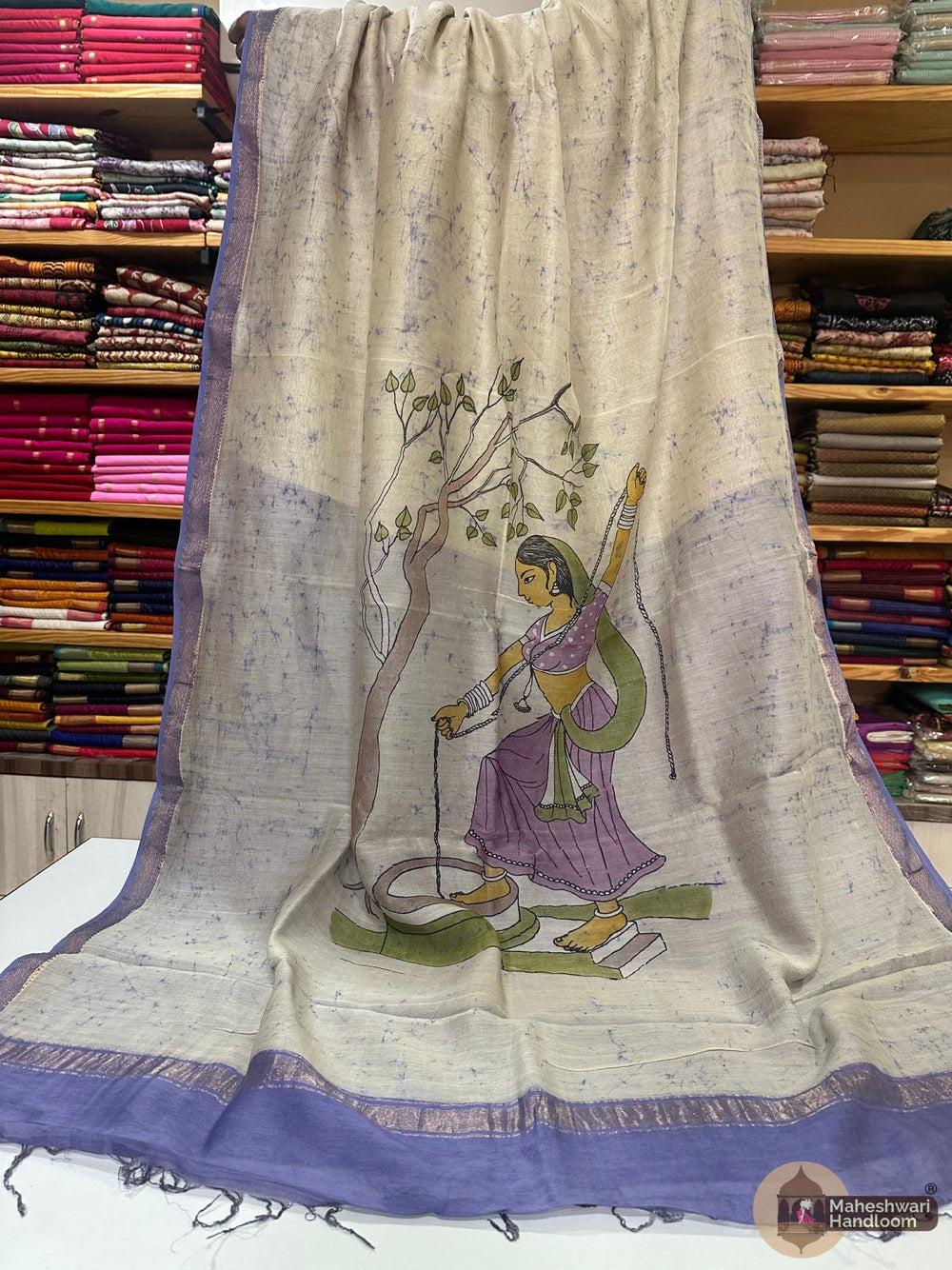 Maheshwari Batik Figure Hand Painted Silk Sarees