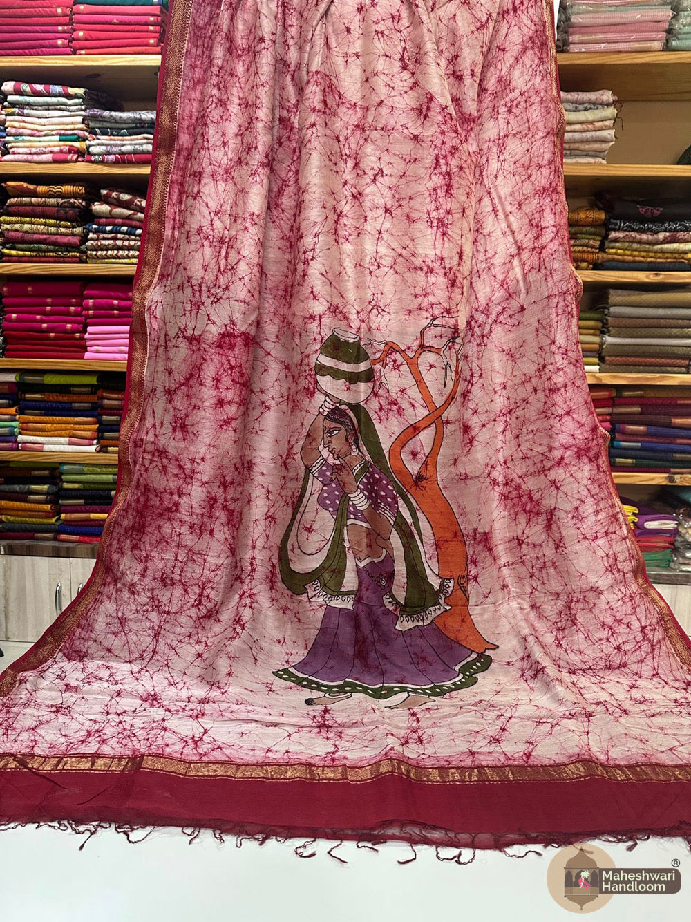 Maheshwari Batik Figure Hand Painted Silk Sarees