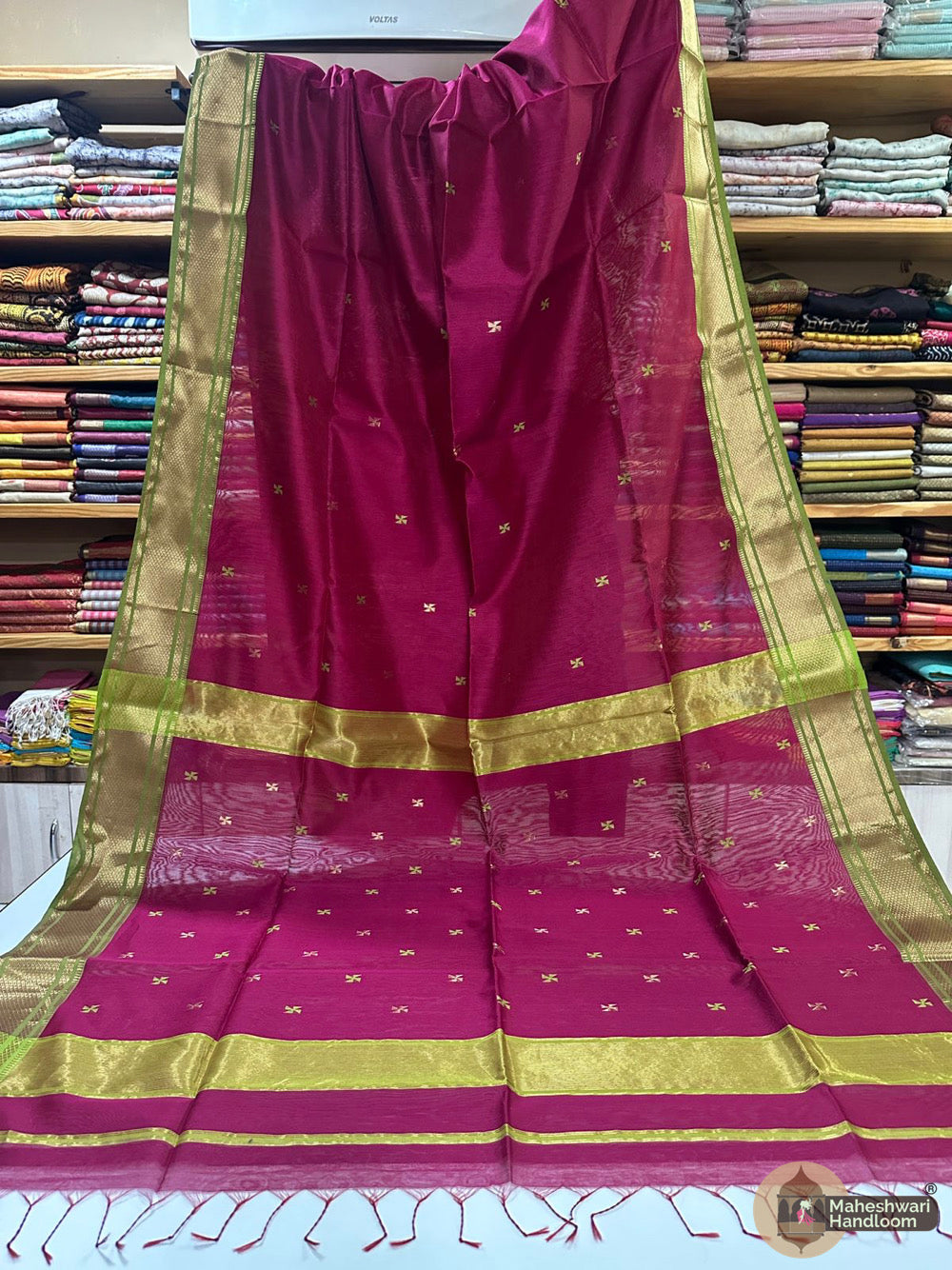 Rani Pink Maheshwari Swastik Zari Butti Sarees