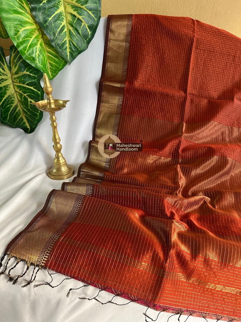 Rust Orange Zari Checks Saree 0160