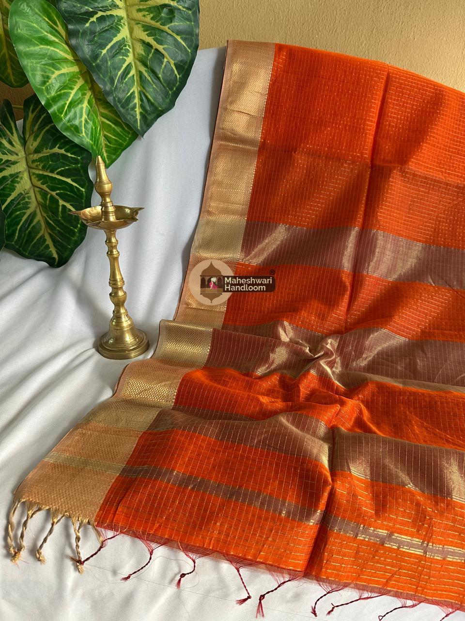 Orange Zari Checks Saree 0155