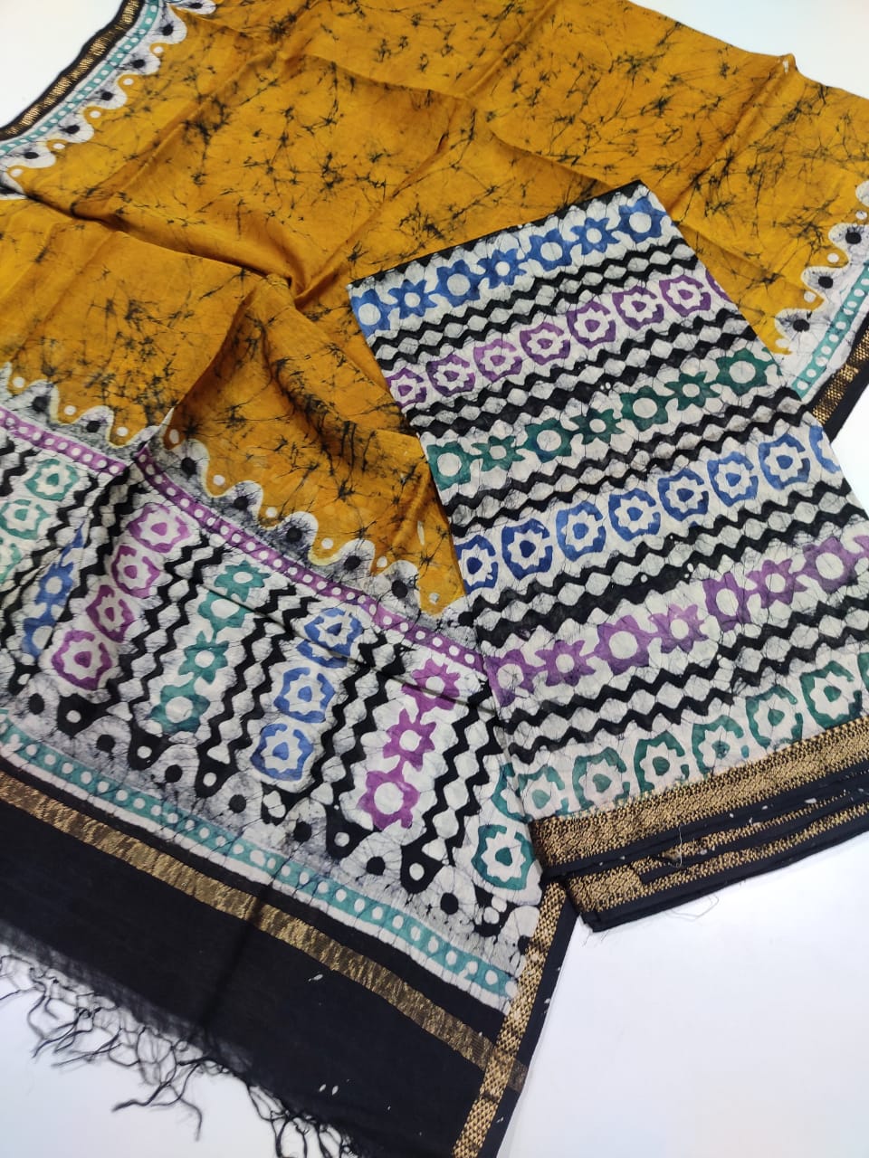 Mustard Maheshwari Batik Print Suit