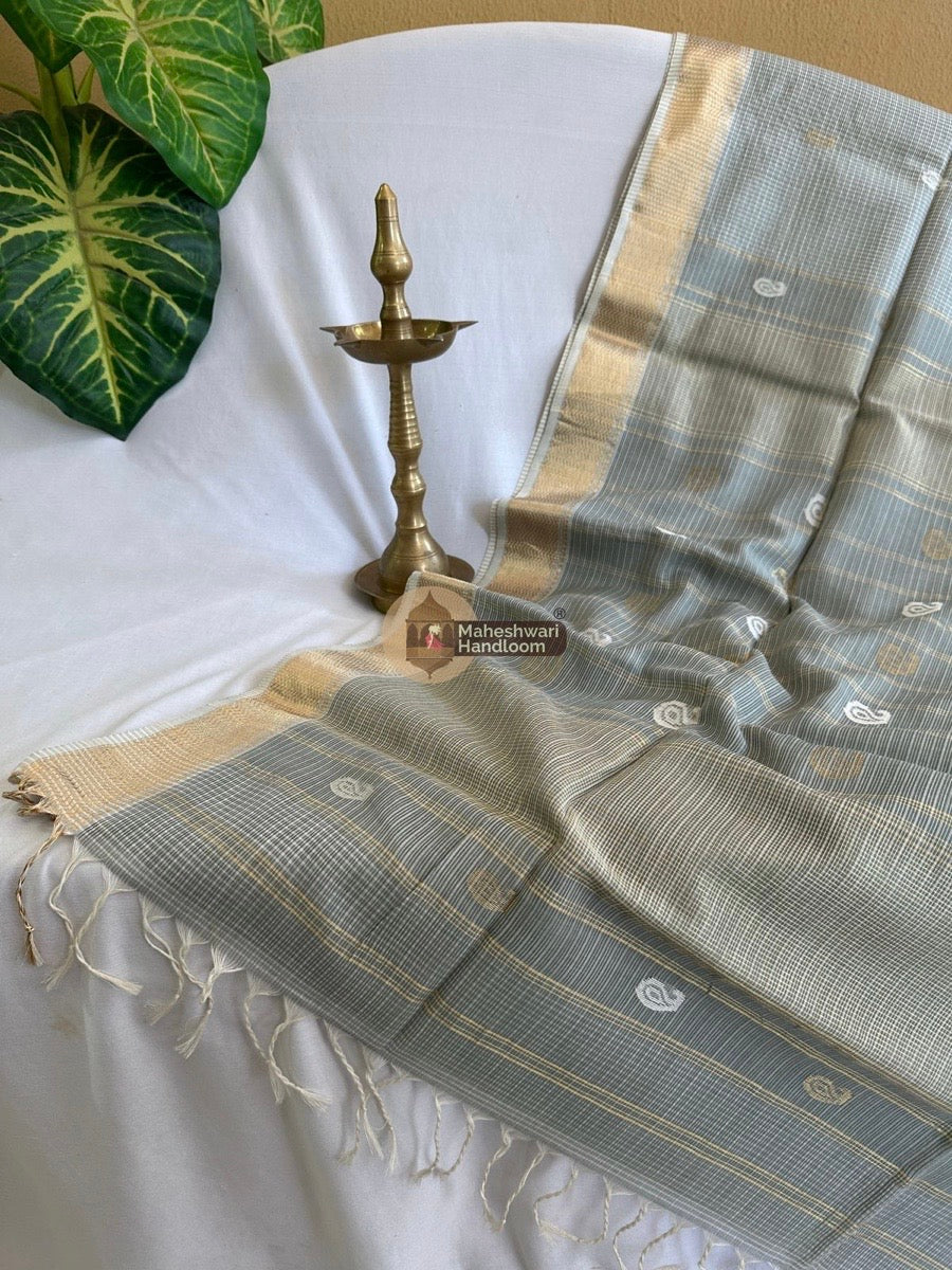 Cement Green Zari Butti ~ Maheshwari Saree 04