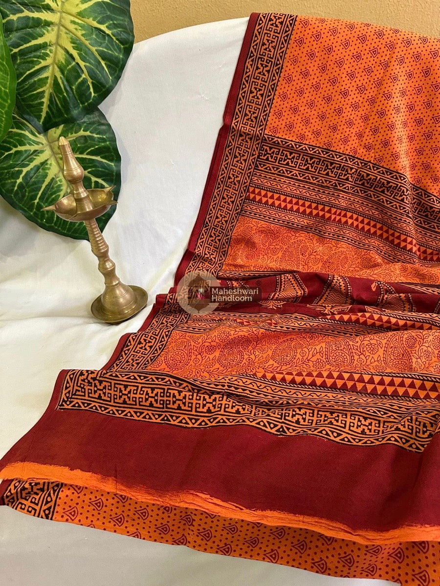 Orange Bagh Print Cotton Saree 08