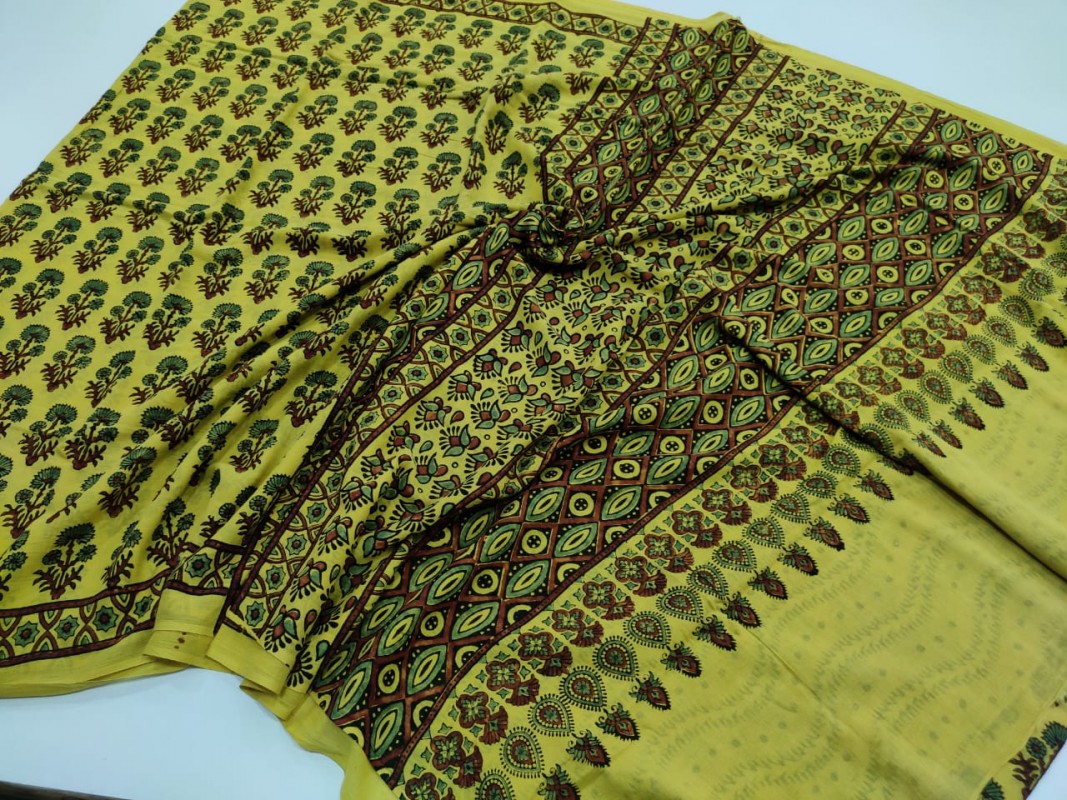 Light green Ajrakh pure Handblock Printed Mul Cotton Sarees