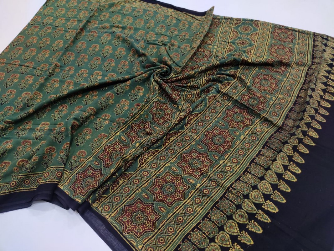 Green and black Ajrakh pure Handblock Printed Mul Cotton Sarees
