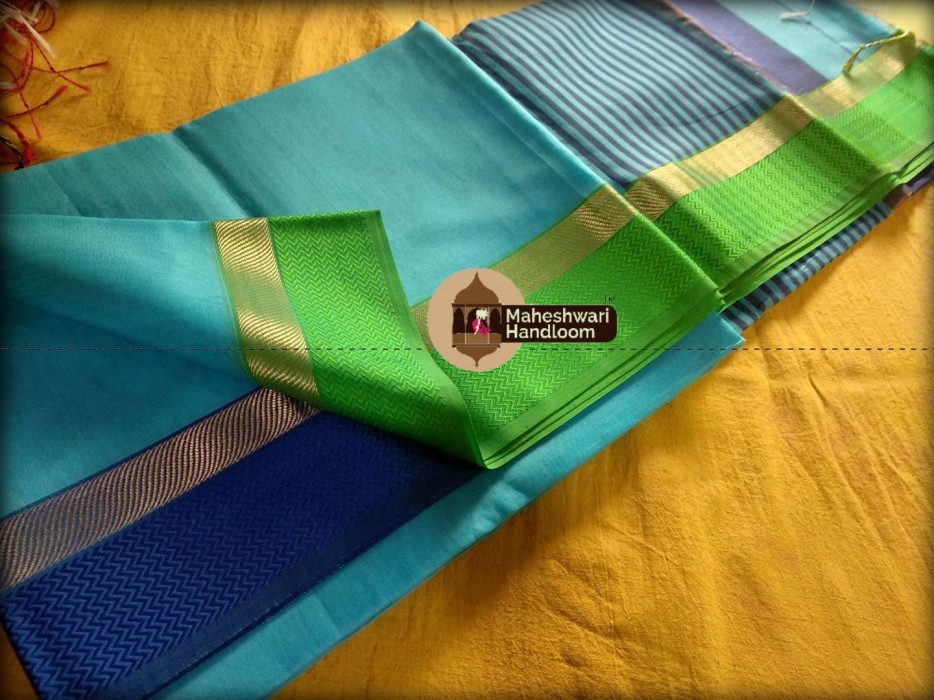 Maheshwari Sea Blue Ganga Jamuna saree 