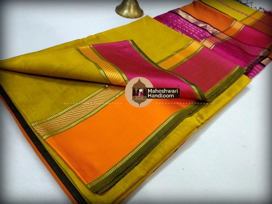 Maheshwari Mustard Yellow Ganga Jamuna saree