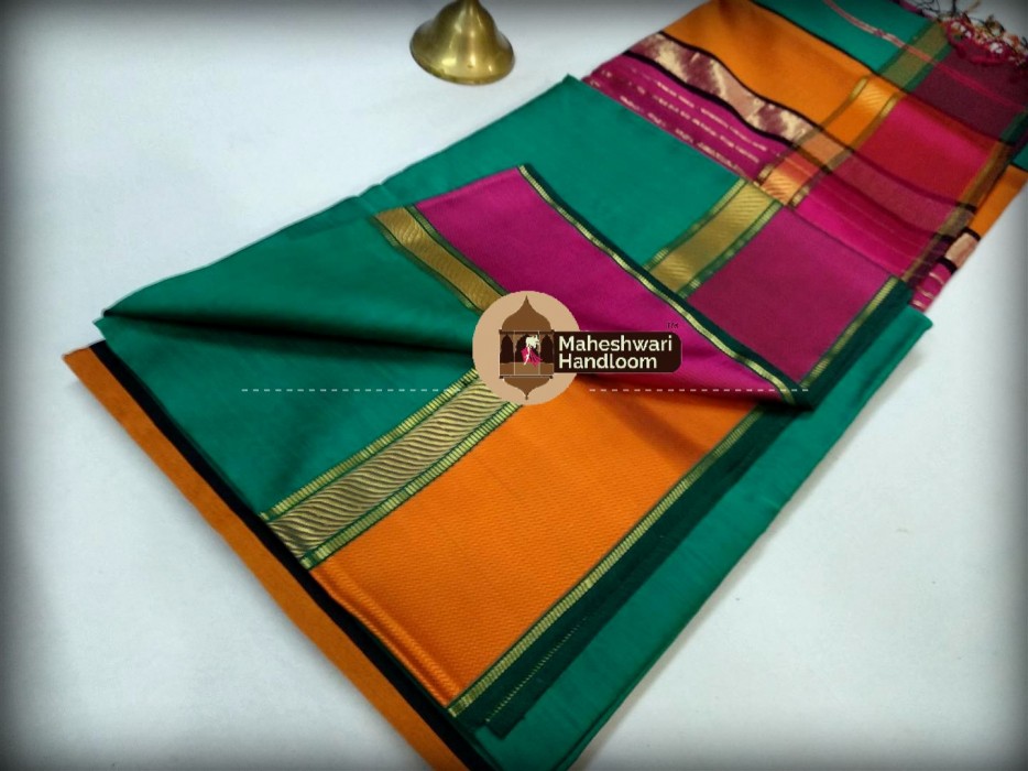 Maheshwari Chintamani Green Ganga Jamuna saree