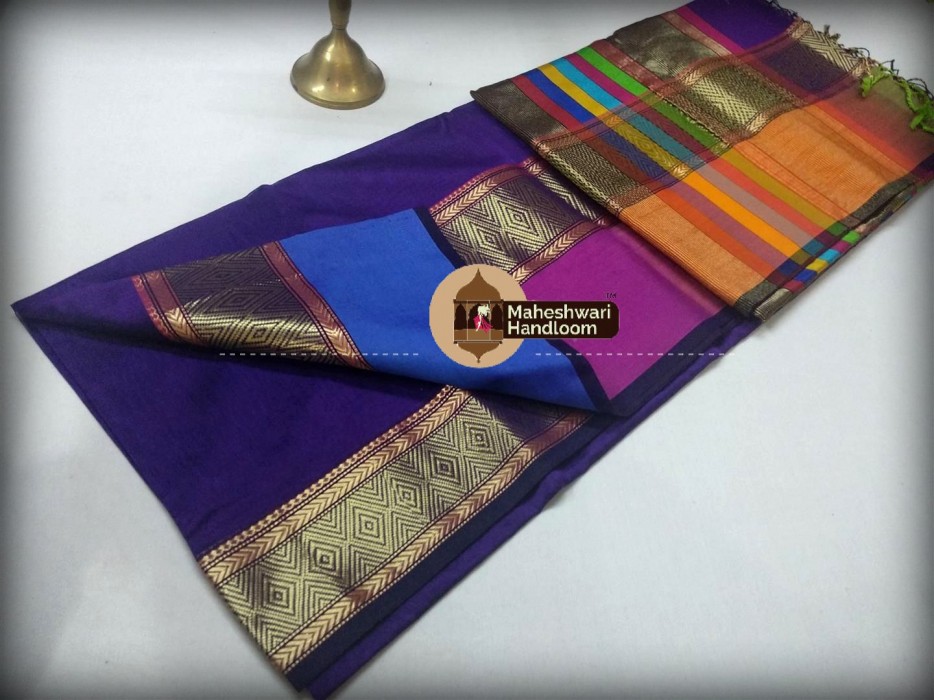 Maheshwari Blue Shahded Jari Border Saree