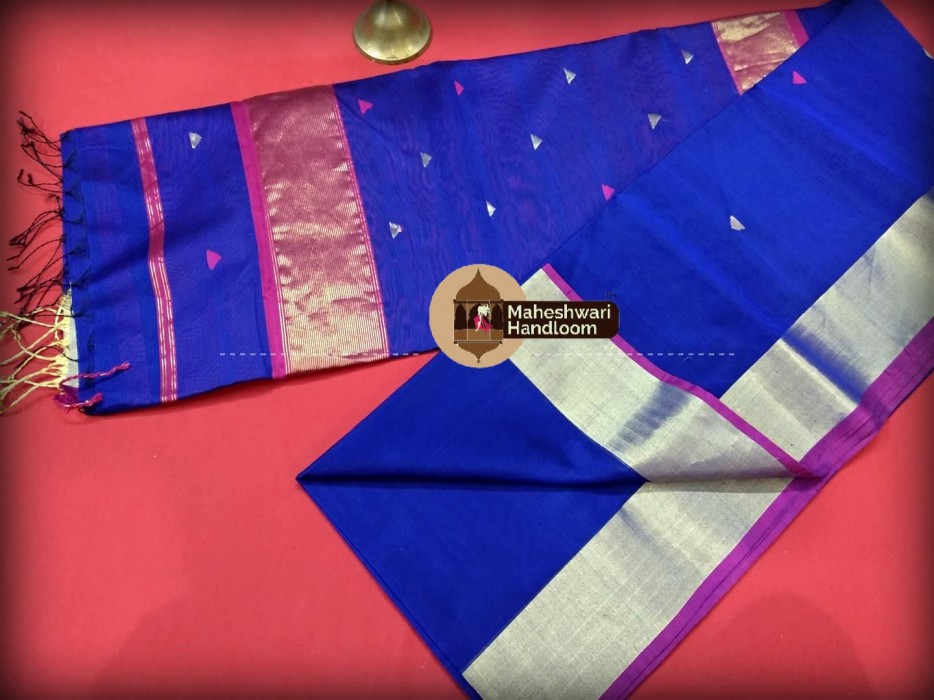Maheshwari Blue Triangle Buti - Motifs Saree