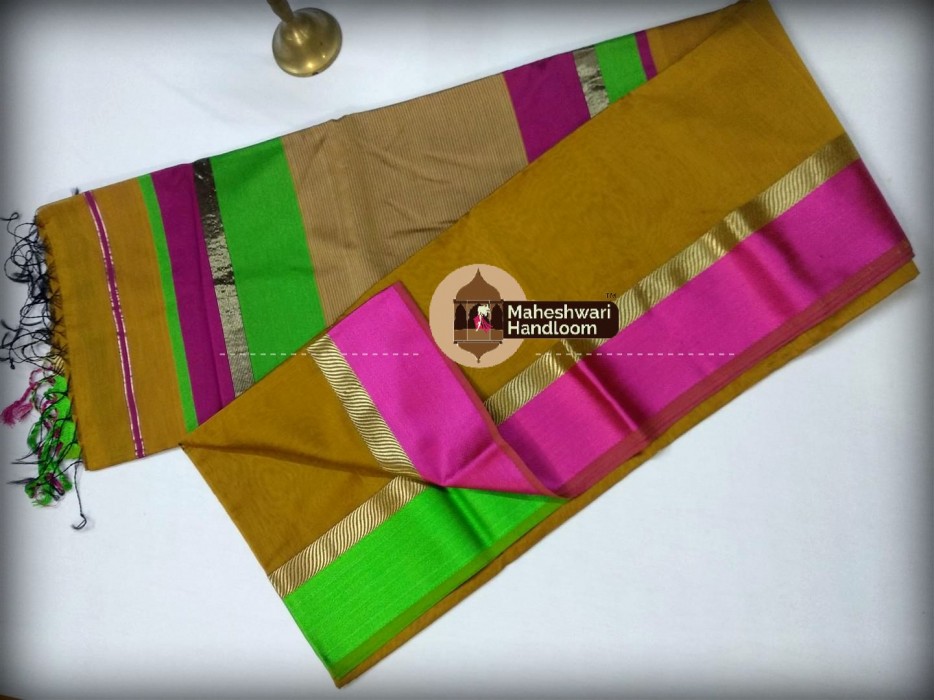 Maheshwari Musterd Yellow Ganga Jamuna Saree