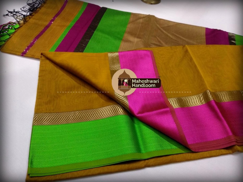 Maheshwari Musterd Yellow Ganga Jamuna Saree