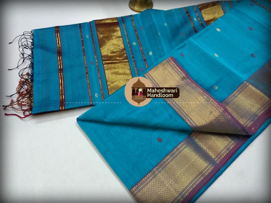 Maheshwari Star Command Blue Triangle Buti - Motifs Saree