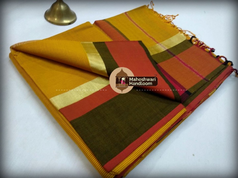 Maheshwari Dark Yellow  Ganaga Jamuna Saree