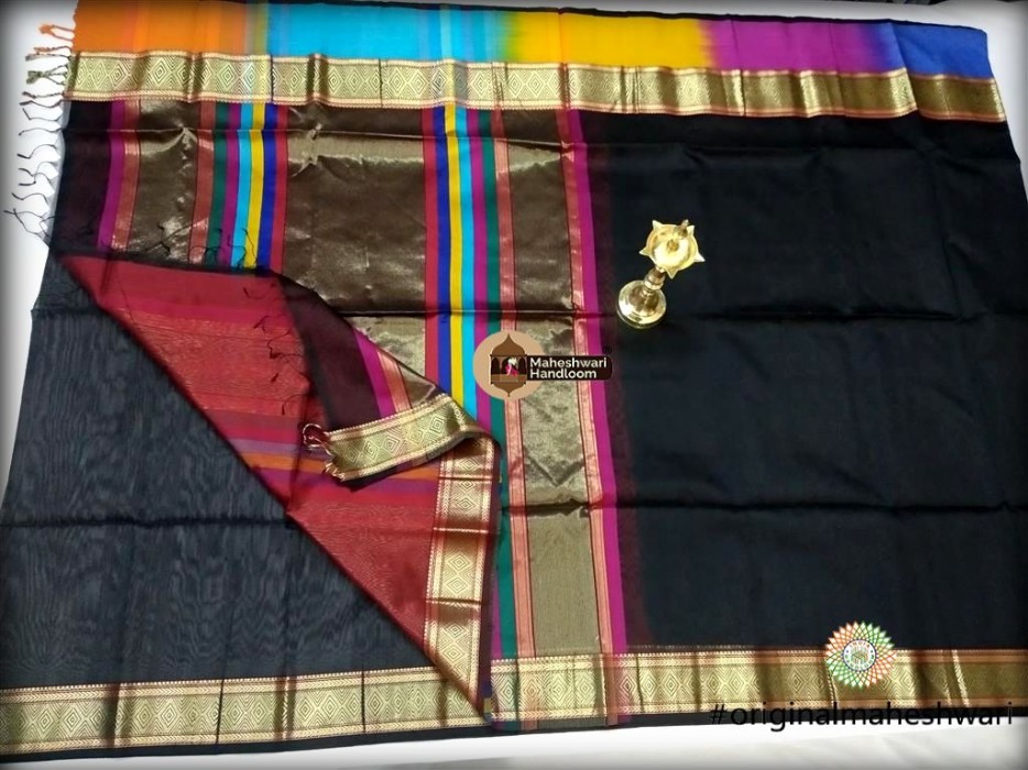 Maheshwari Black Shahded Jari Border Saree