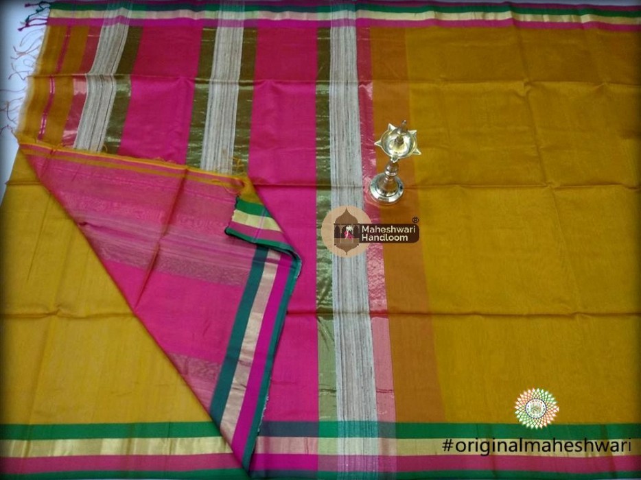 Handwoven Maheshwari Kosa Pallu Mustard Yellow Saree