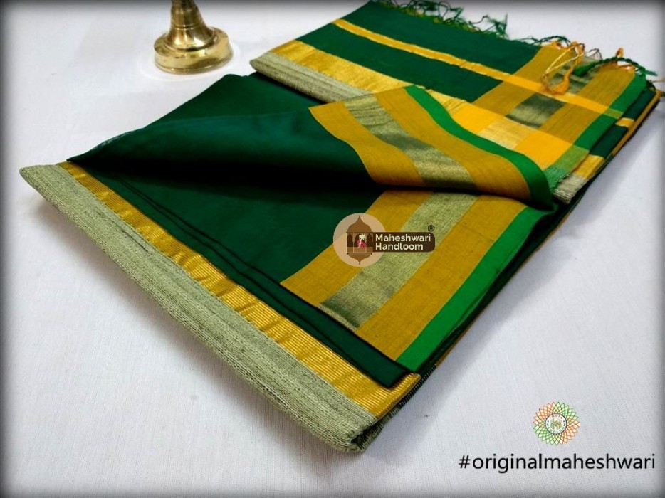 Handwoven Maheshwari Kosa Pallu Rama Green Saree
