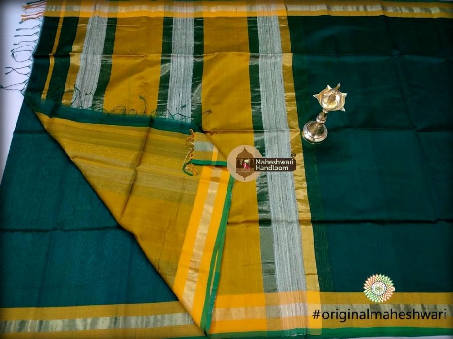 Handwoven Maheshwari Kosa Pallu Rama Green Saree