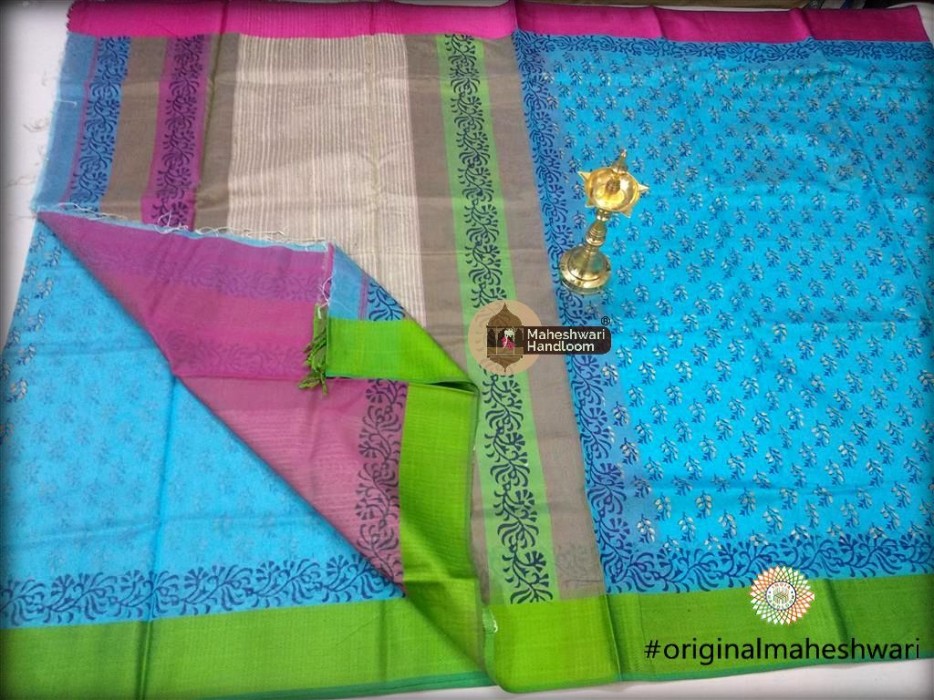 Maheshwari Skyblue  Handblock Print Saree