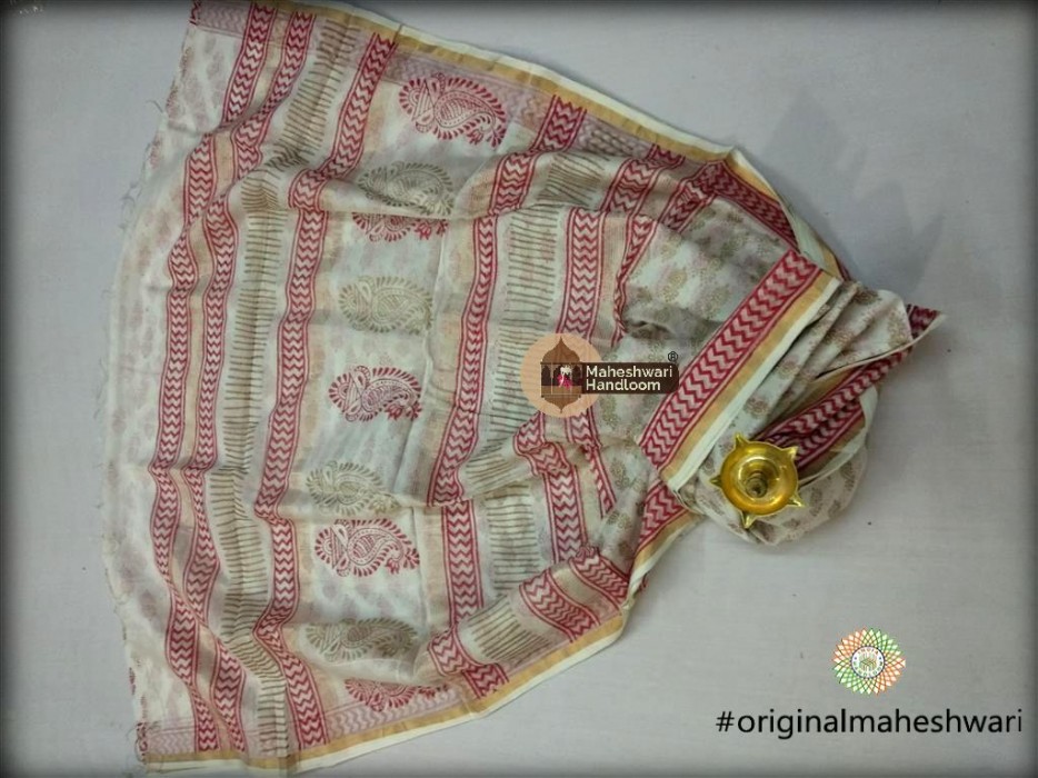 Maheshwari White and Gold  Handblock Print Saree