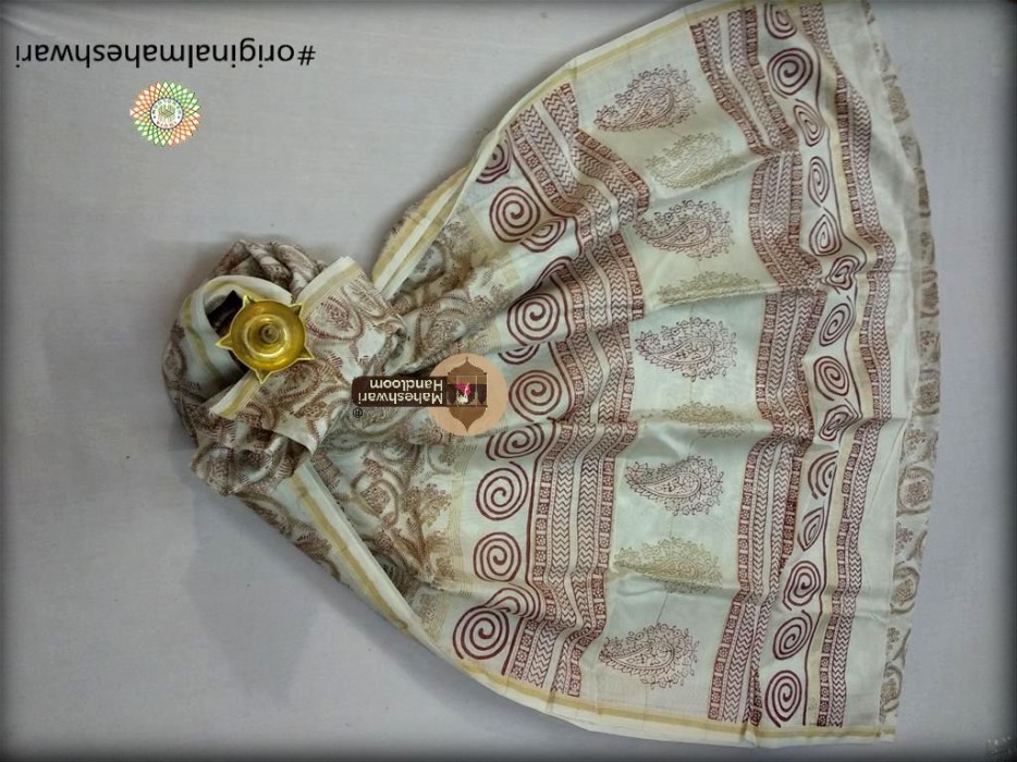 Maheshwari White and Gold  Handblock Print Saree