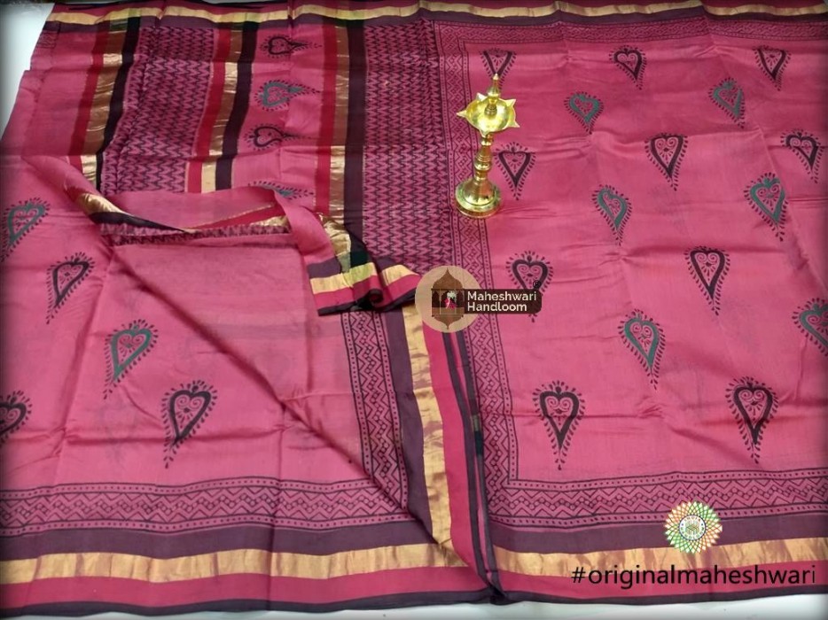 Maheshwari Pink  Handblock Print Saree