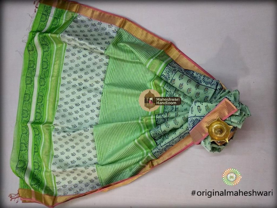 Maheshwari Green  Handblock Print Saree