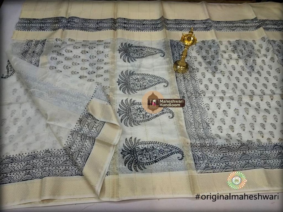 Maheshwari White   Handblock Print Saree