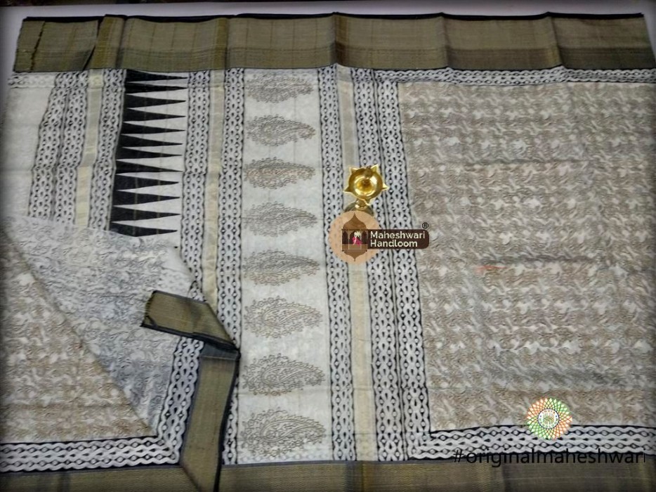 Maheshwari White  Handblock Print Saree