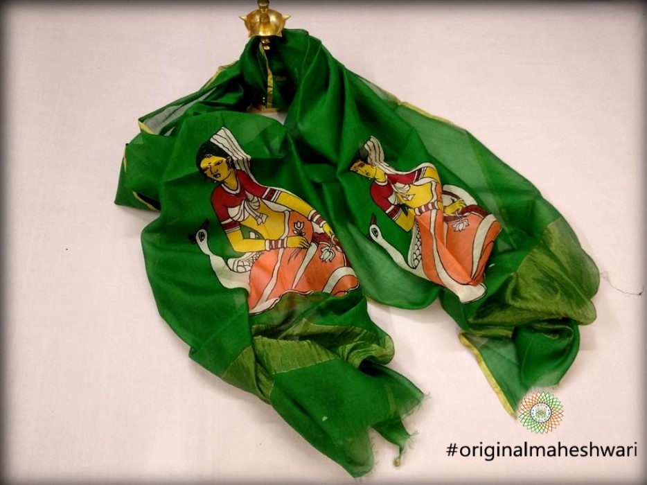 Maheshwari Green  Handpainted  Dupatta